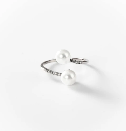 Bague double perle en métal rhodié CHOGAN - Image 2